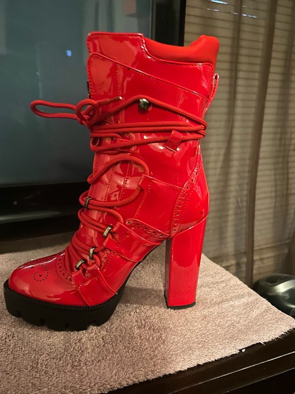 Patent Red Lace-Up High-Heel Booties for Women